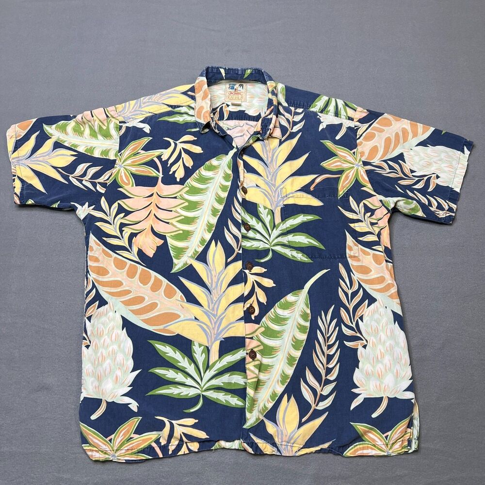 John Severson Kahala Hawaiian T-Shirt Mens L Blue Tropical Leaf Classic Button